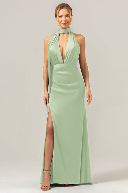 Sage White Flower Sheath V-Neck Backless Long Bridesmaid Dress with Slit