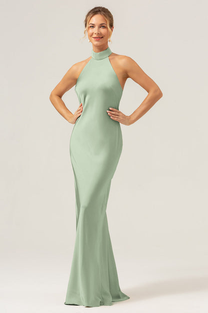 Champagne Sheath Halter Long Bridesmaid Dress With Slit