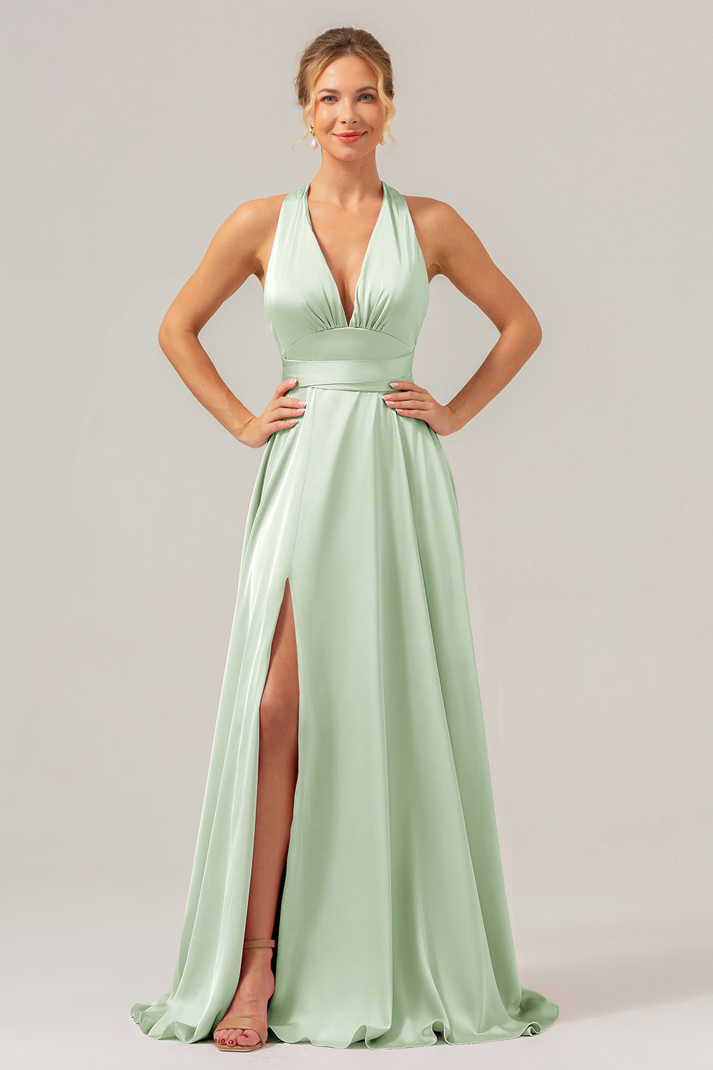 Pink A Line V-Neck Backless Satin Long Bridesmaid Dress with Slit