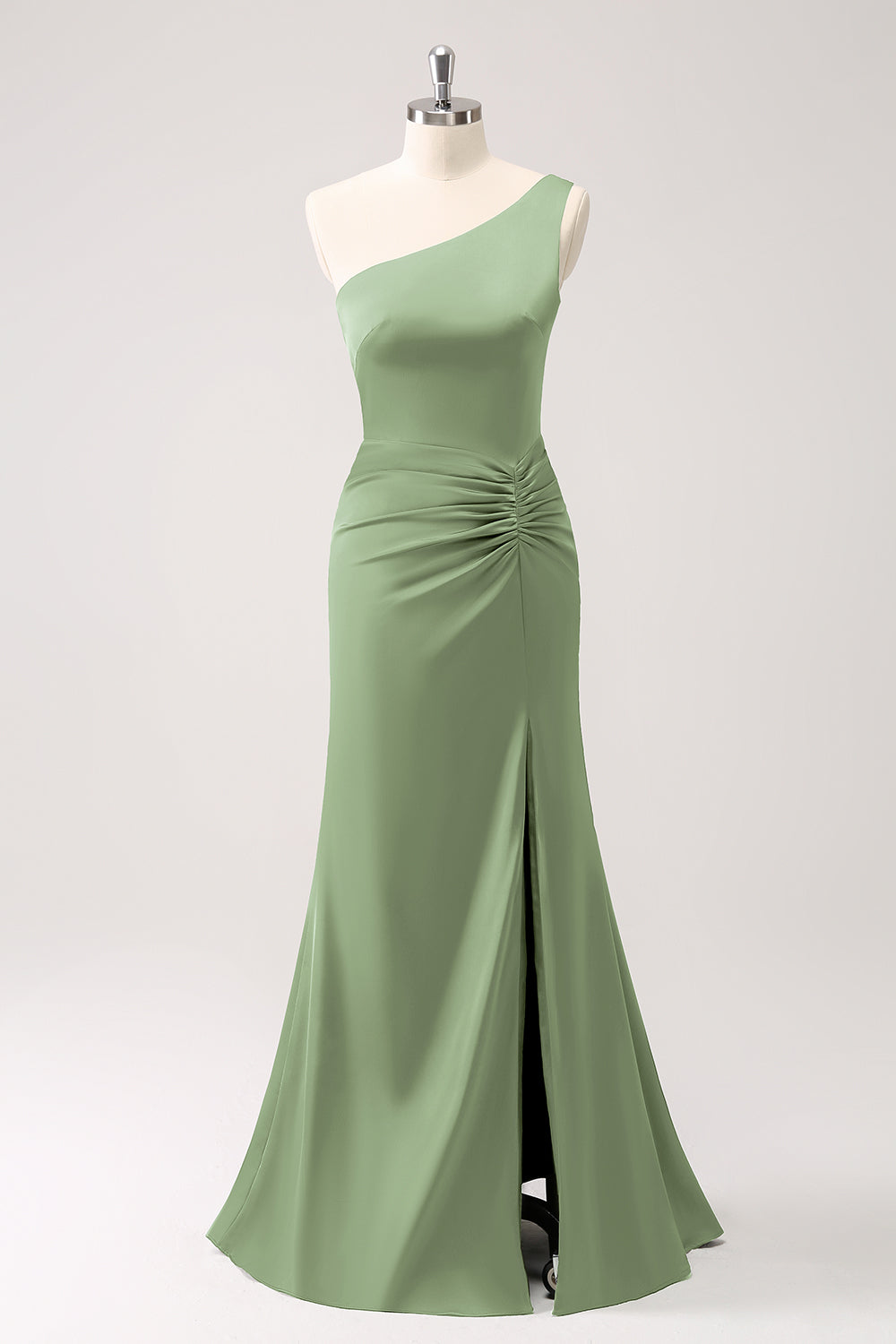 Olive One Shoulder Mermaid Satin Long Bridesmaid Dress