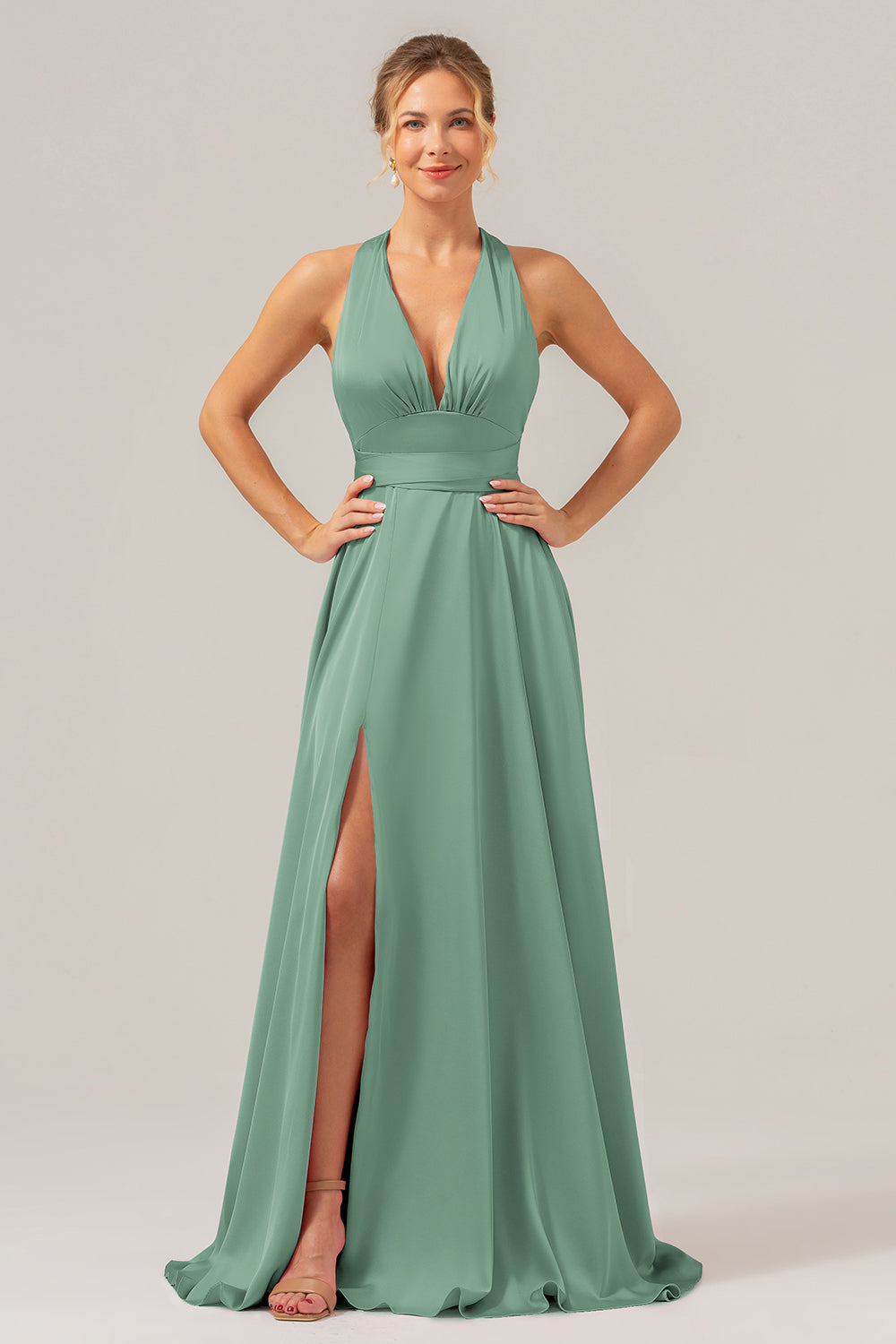 Pink A Line V-Neck Backless Satin Long Bridesmaid Dress with Slit