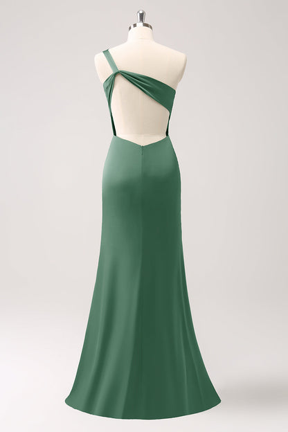 Olive One Shoulder Mermaid Satin Long Bridesmaid Dress