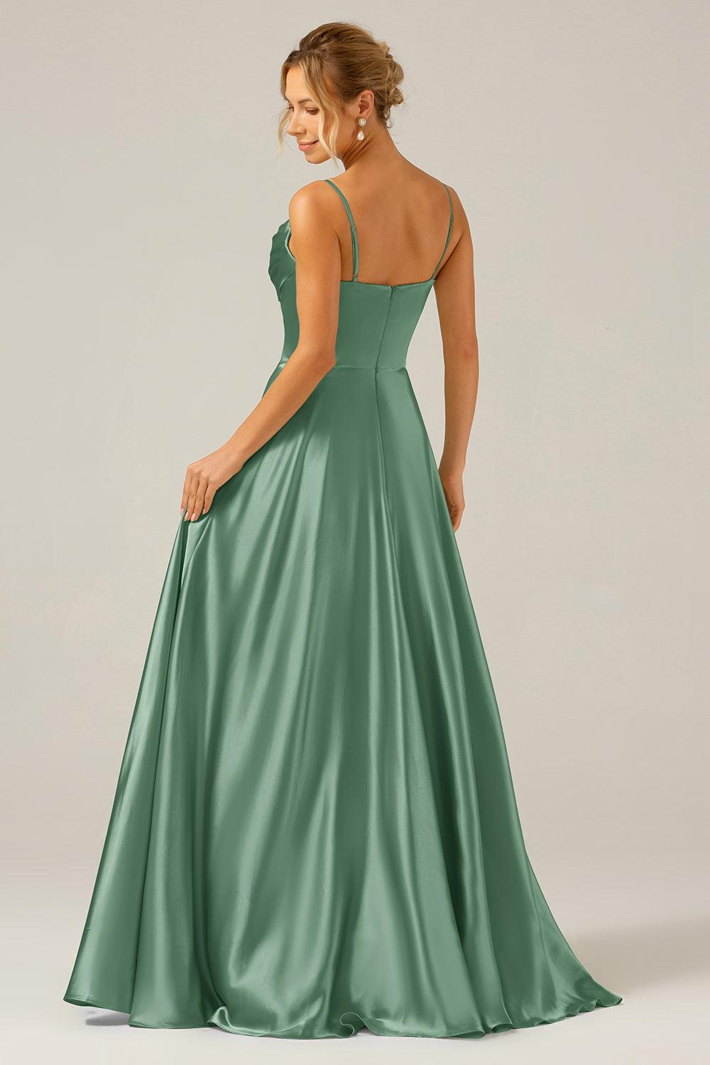 Dusty Sage A Line Cowl Neck Satin Long Bridesmaid Dress with Pleated