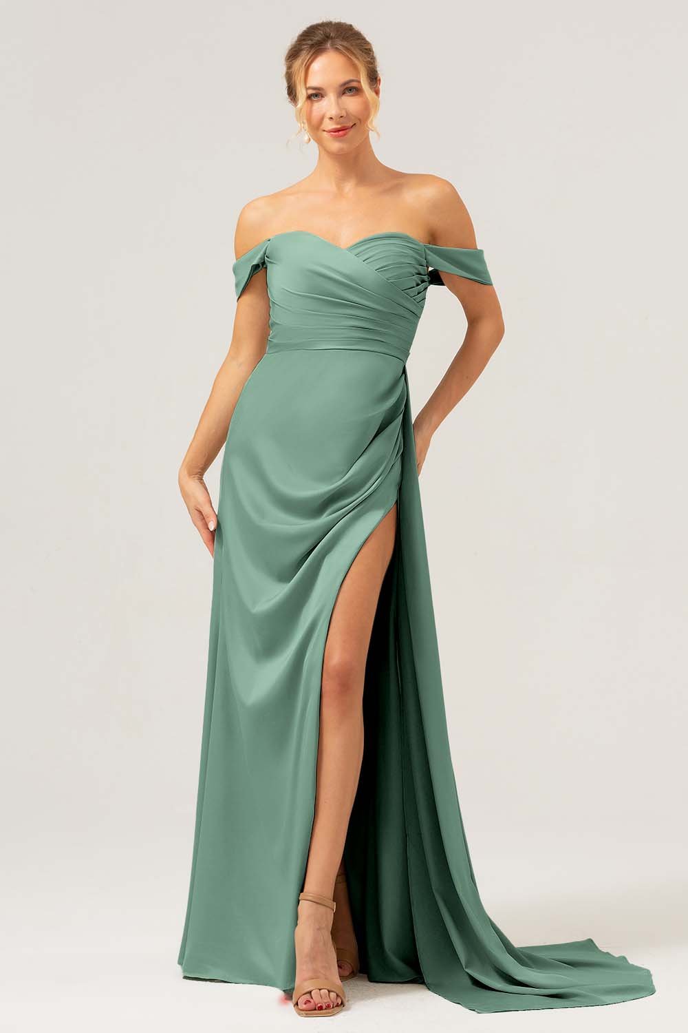 Sage Mermaid Off The Shoulder Pleated Satin Bridesmaid Dress with Slit