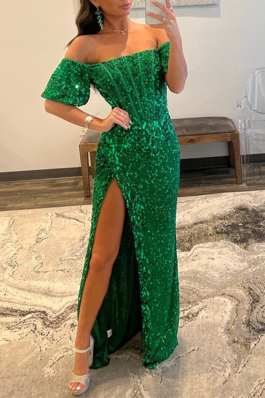 Michelle |Sheath Off-the-Shoulder Sequins Long Prom Dress