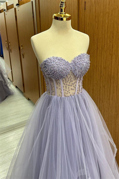 Brandy | Lilac Strapless Beaded Ruffle-Layers Tulle Long Prom Dress