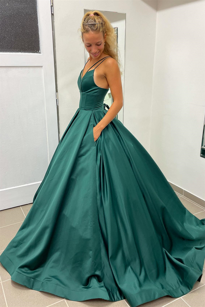 Nicole |A-line Hunter Green V-Neck Satin Long Prom Dress