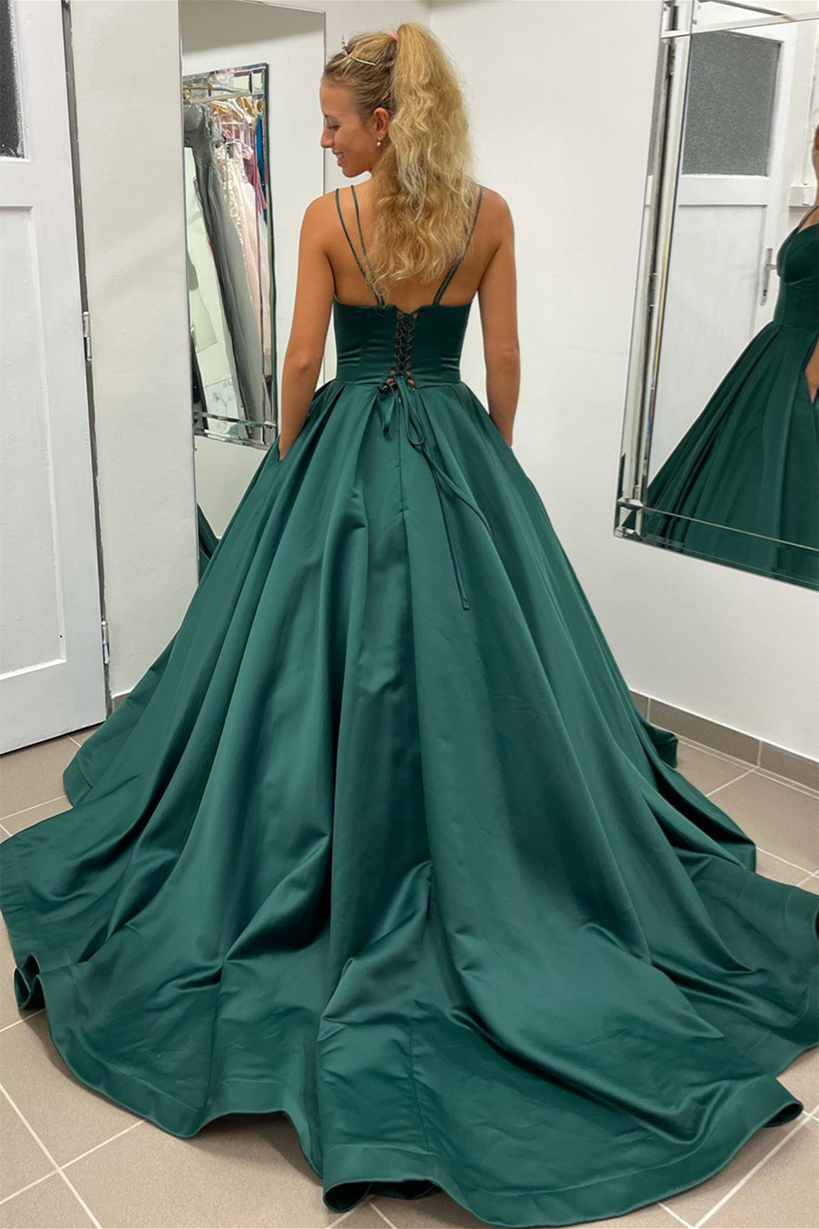 Nicole |A-line Hunter Green V-Neck Satin Long Prom Dress