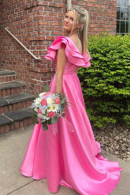 Betsy | Hot Pink V-Neck Ruffle A-Line Long Prom Dress