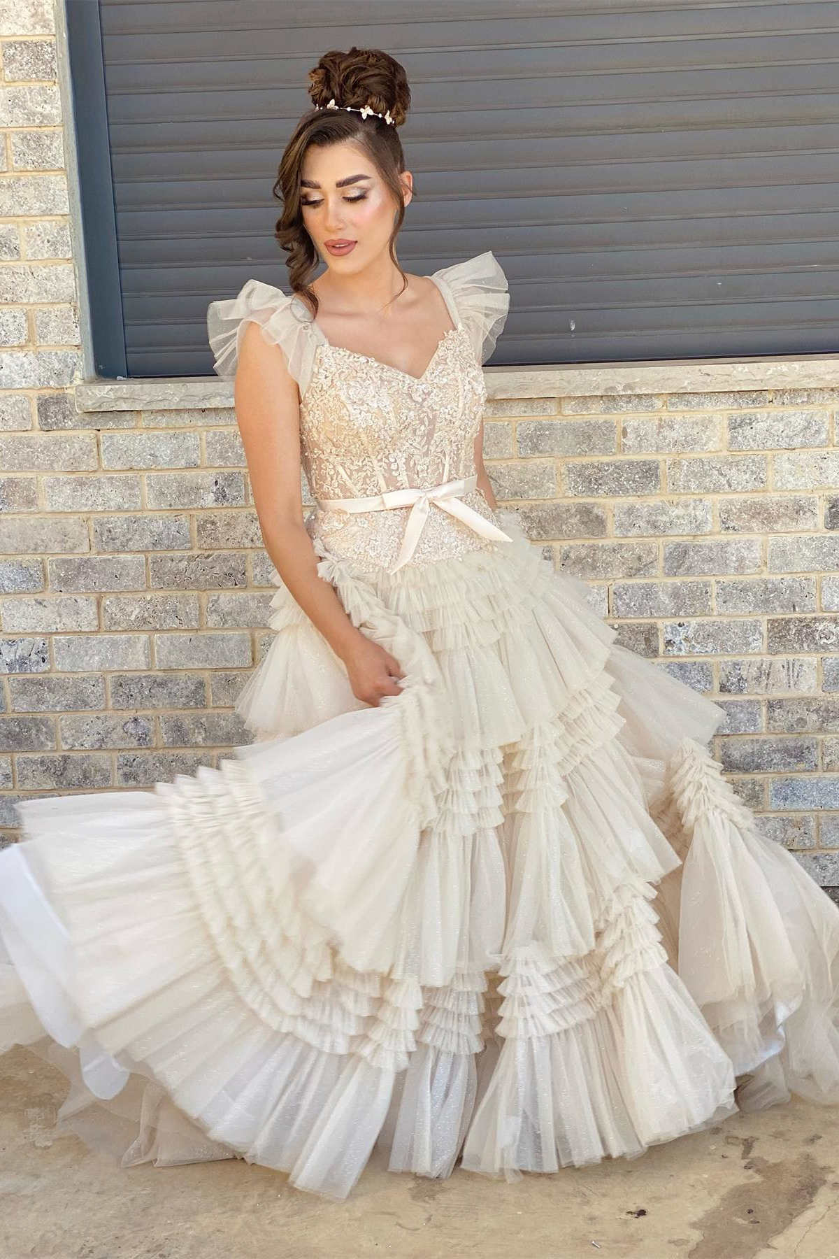 Whitney | V-Neck Ivory Appliques Tiered Tulle Prom Dress with Flying Sleeves