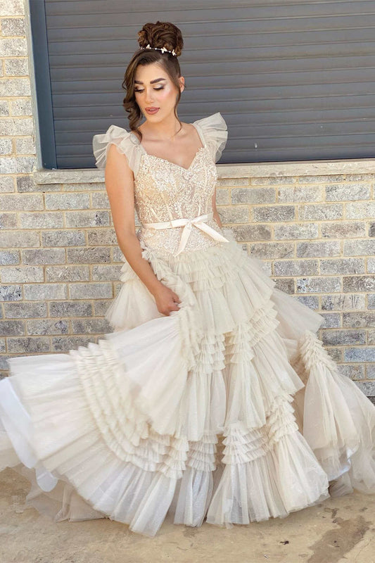 Whitney | V-Neck Ivory Appliques Tiered Tulle Prom Dress with Flying Sleeves