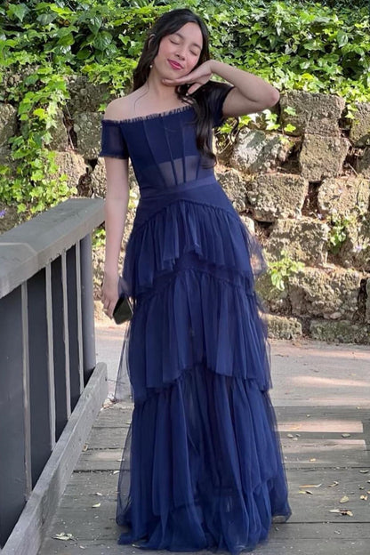 Wilma | Off the Shoulder Black Tiered Tulle Lond Prom Dress