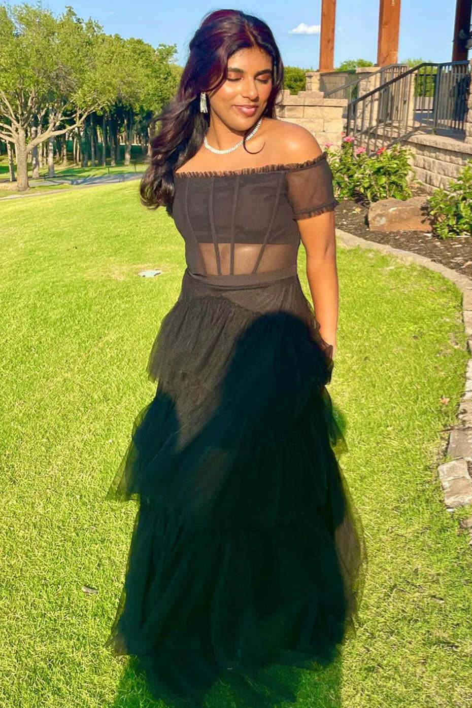 Wilma | Off the Shoulder Black Tiered Tulle Lond Prom Dress