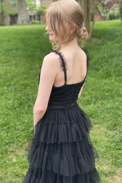 Yasmine | V-Neck Black Layered Tulle A-Line Prom Dress