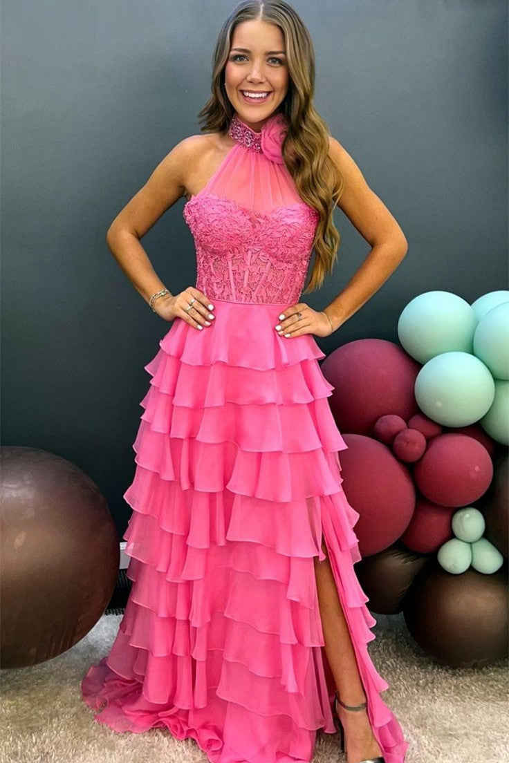 Emerie |A line High Neck Tiered Chiffon Prom Dress with 3D Flower