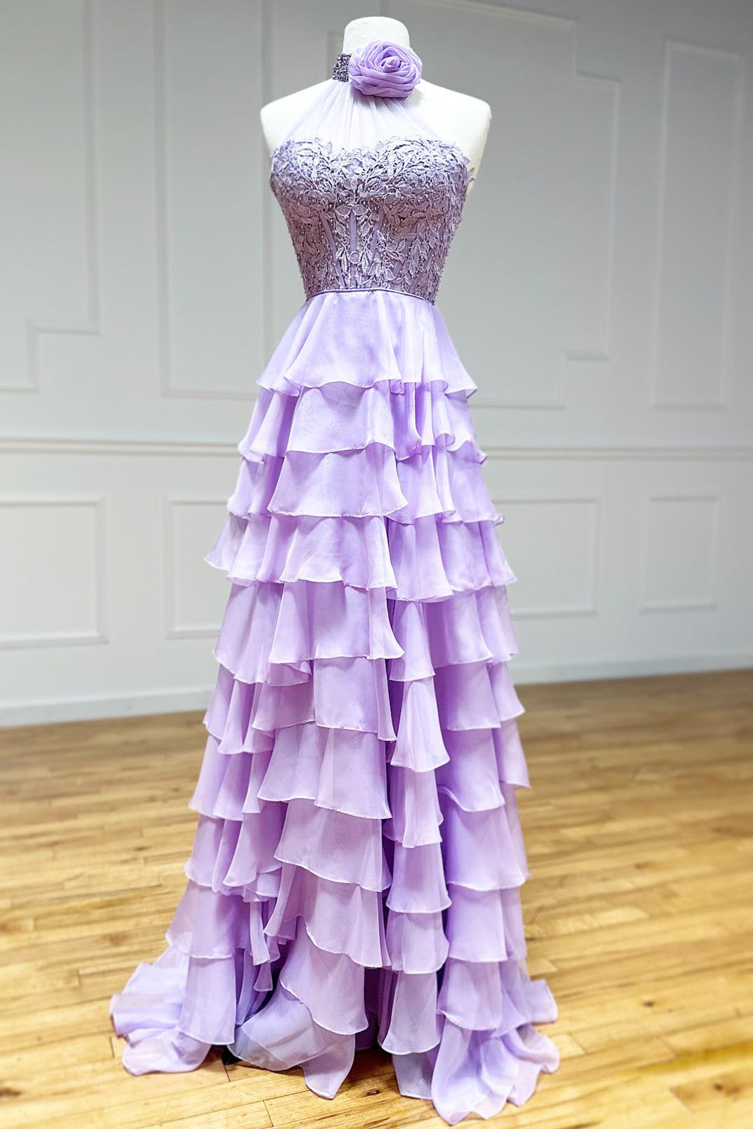 Emerie |A line High Neck Tiered Chiffon Prom Dress with 3D Flower