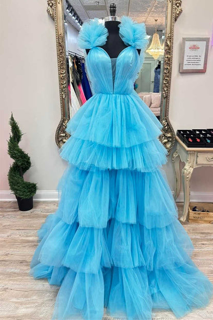 Bernice | Light Blue Ruffle Straps A-Line Tiered Prom Dress