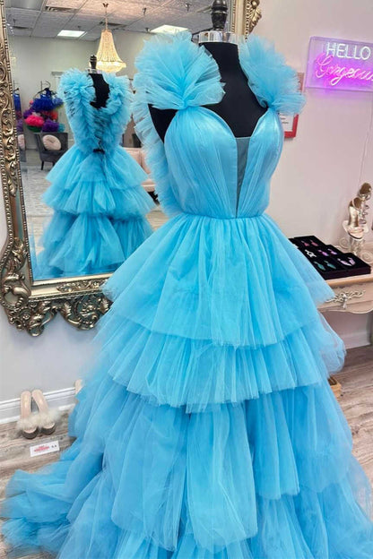 Bernice | Light Blue Ruffle Straps A-Line Tiered Prom Dress