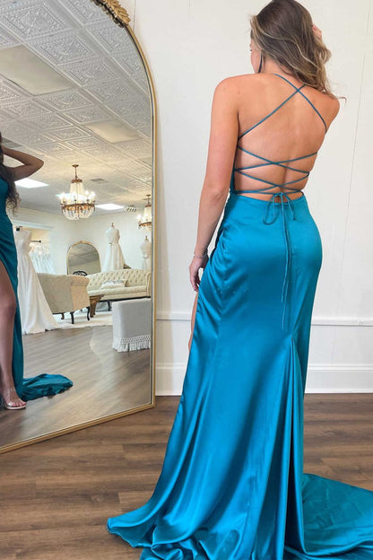 Xyla | Straps Teal V-Neck Ruched Long Prom Dress