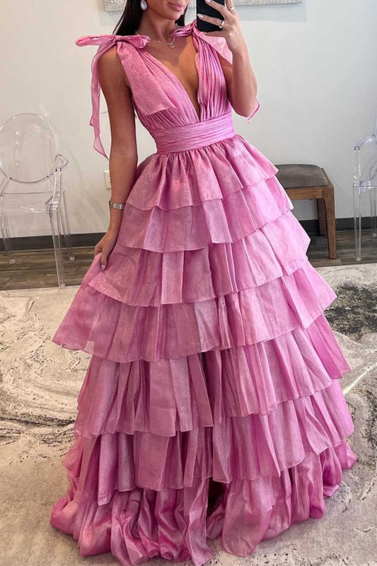 August | Glitter Tie Straps Pink Plunging Neck Tiered Long Prom Dress