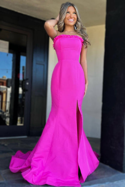 Denver | Strapless Maganta Ruffle Mermaid Slit Long Prom Dress