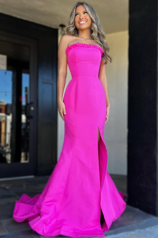 Denver | Strapless Maganta Ruffle Mermaid Slit Long Prom Dress