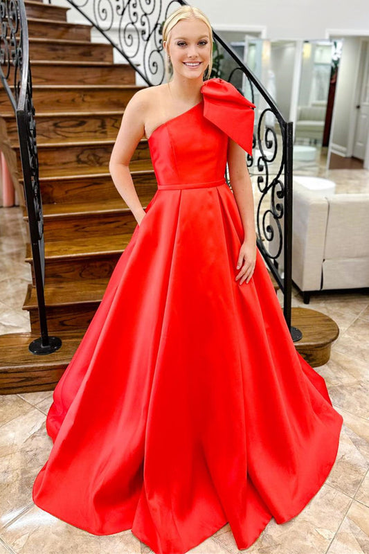 Aliya | Red One Shoulder Bow Tie Satin Prom Dress with Pockets