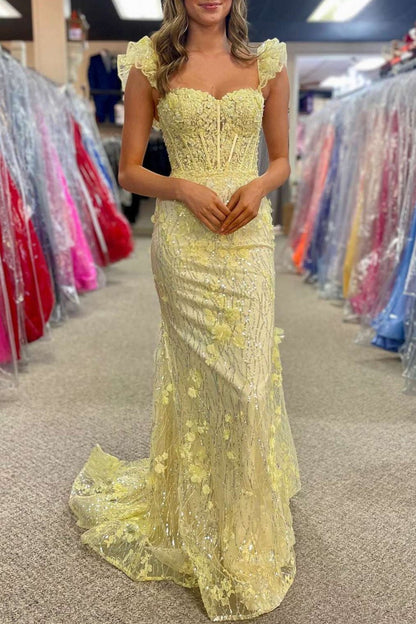 Mckinley | Yellow Ruffle Straps 3D Flower Mermaid Long Prom Dress