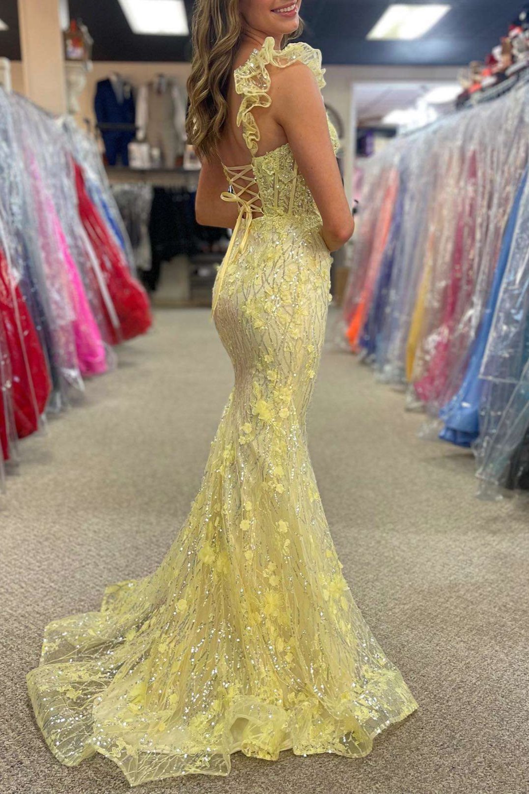 Mckinley | Yellow Ruffle Straps 3D Flower Mermaid Long Prom Dress