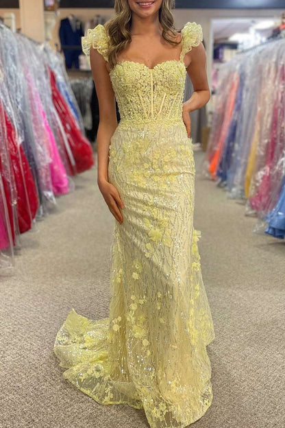 Mckinley | Yellow Ruffle Straps 3D Flower Mermaid Long Prom Dress