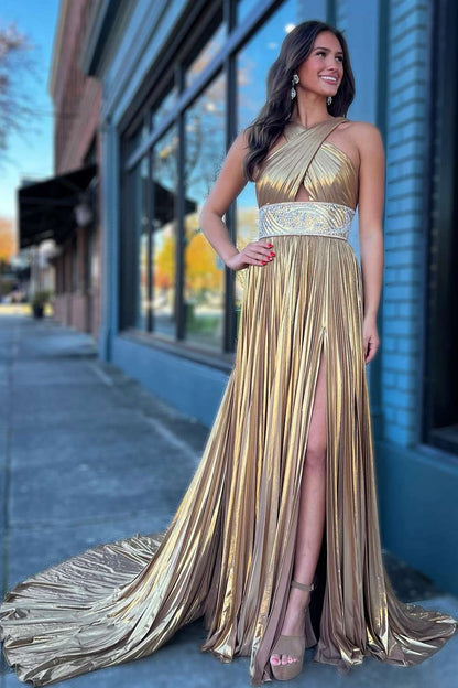 Macy | Pleated Criss Cross Straps Metallic Long Prom Dress