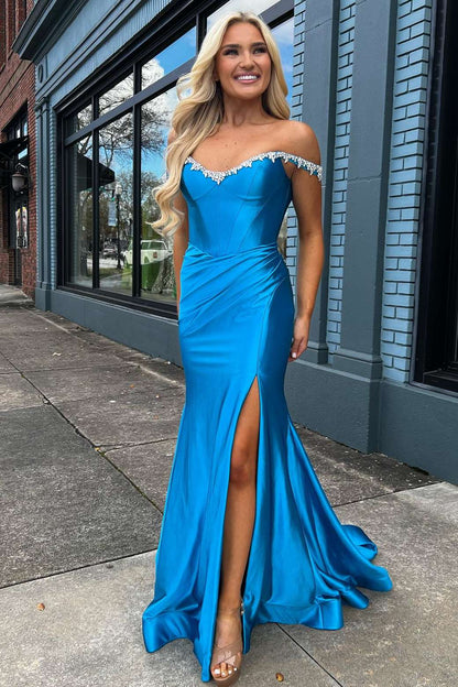 Bellamy | Mermaid V Neck Red Satin Slit Prom Dress with Beading