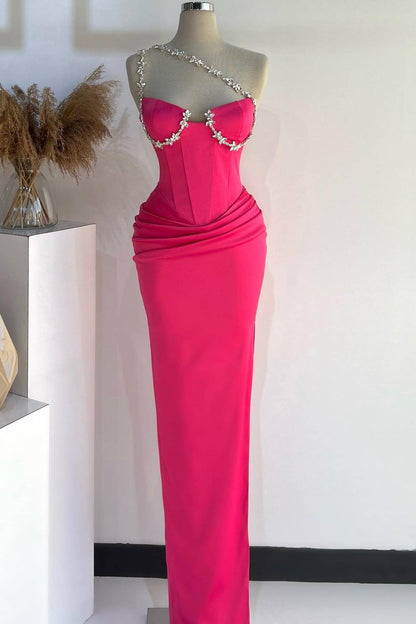 Raina | Hot Pink One Shoulder Rhinestones Pleated Long Prom Dresses