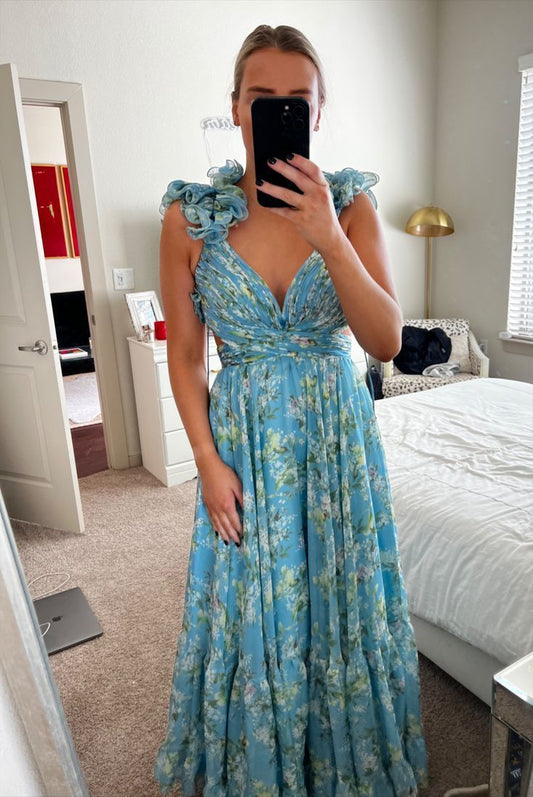 Floral A-Line Chiffon Long Prom Dresses V-neck Senior Prom Dress