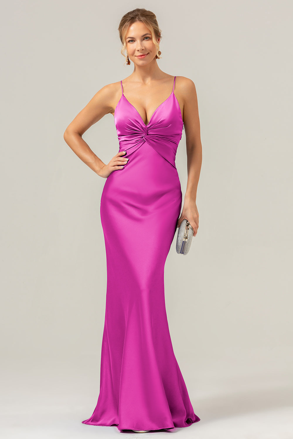 Mermaid Spaghetti Straps Hollow Out Twist Front Purple Bridesmaid Dress