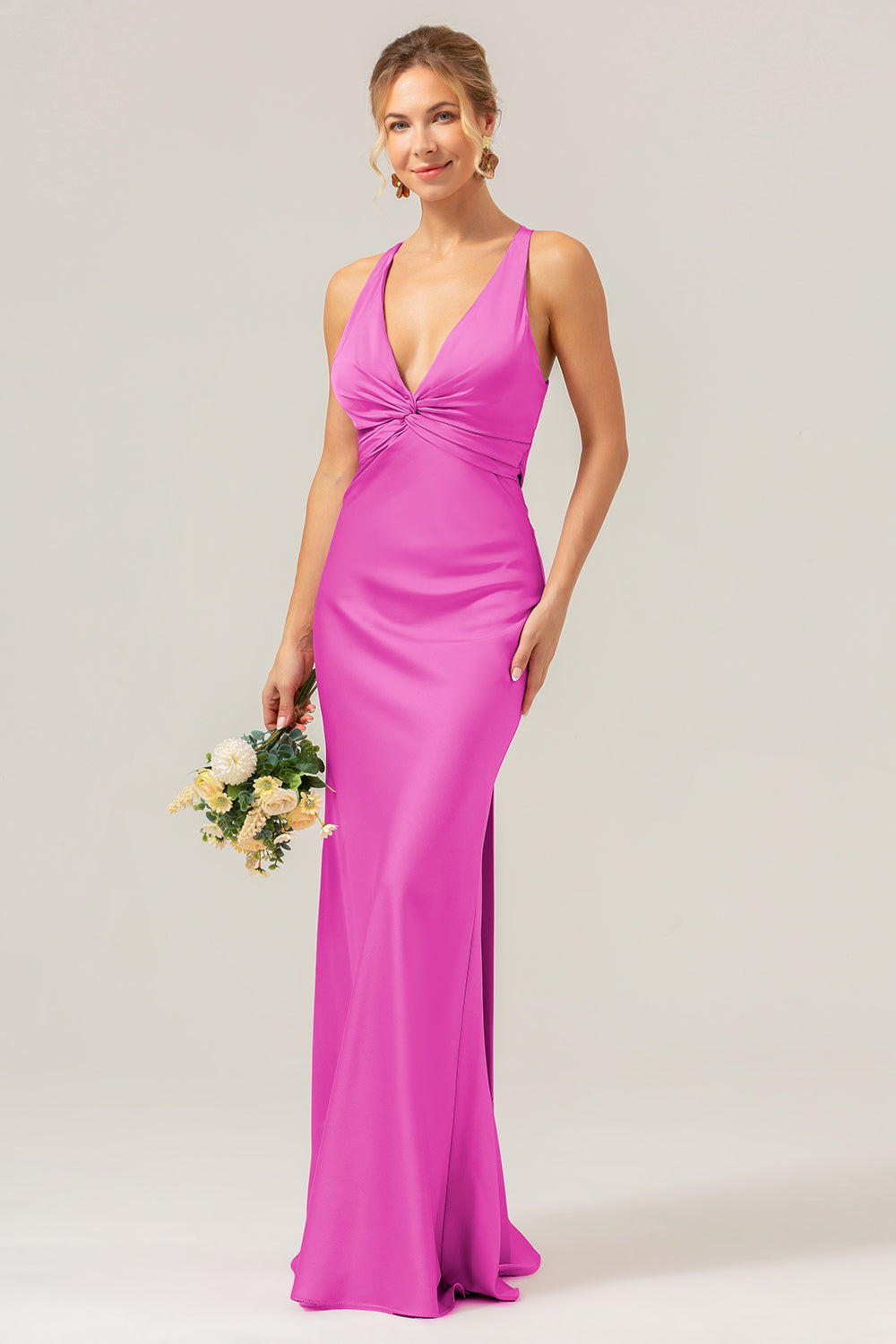 Pink Mermaid V Neck Ruched Satin Long Bridesmaid Dress with Lace Up Back