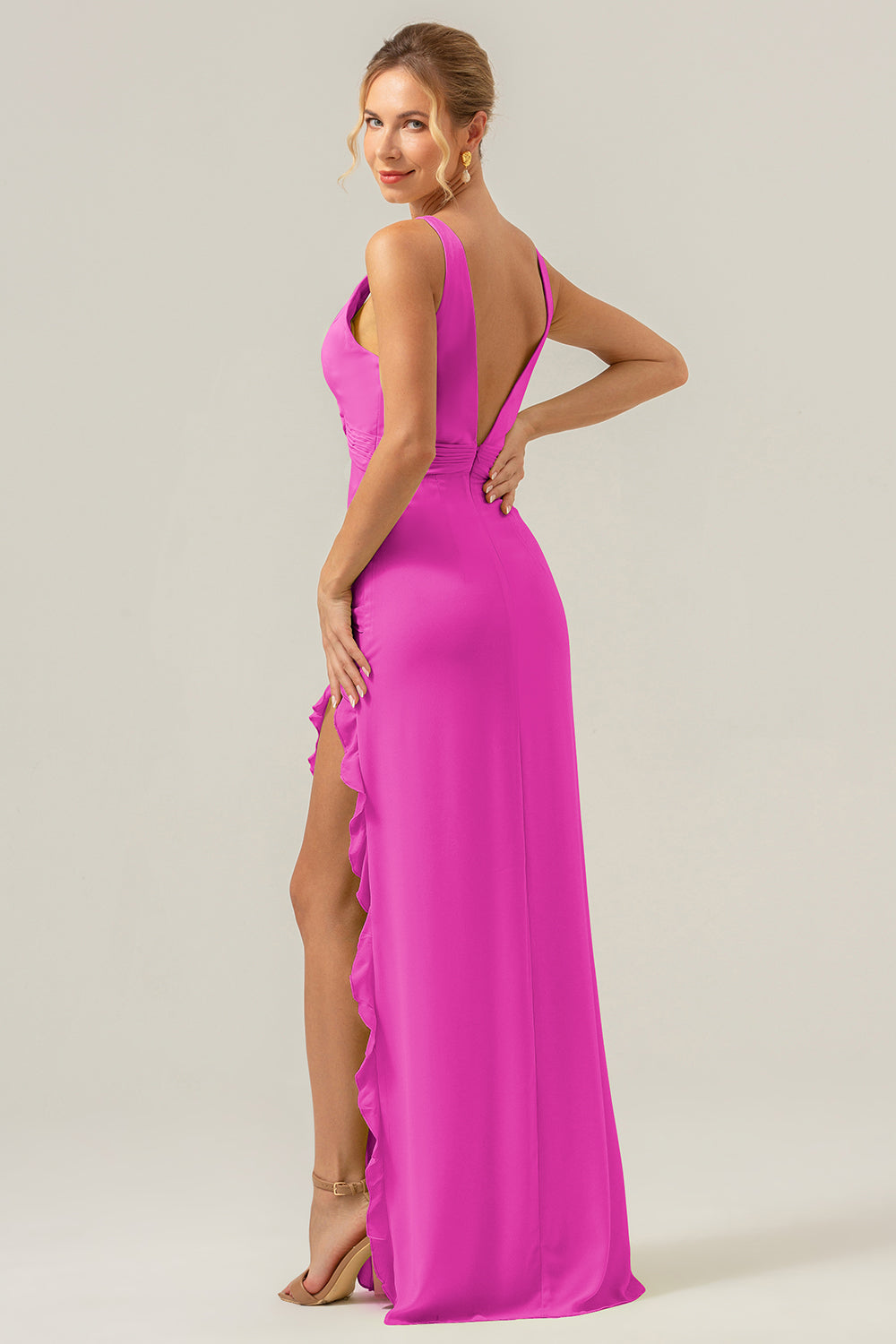 Lime Sheath Deep V Neck Backless Long Bridesmaid Dress with Ruffle Slit