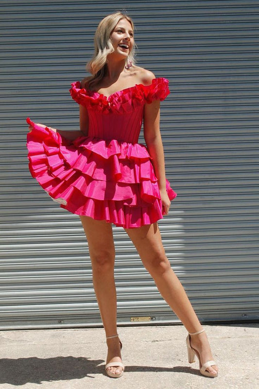 Fuchsia Off The Shoulder Ruffle Homecoming Dresses Mini Party Gown, LTP2949