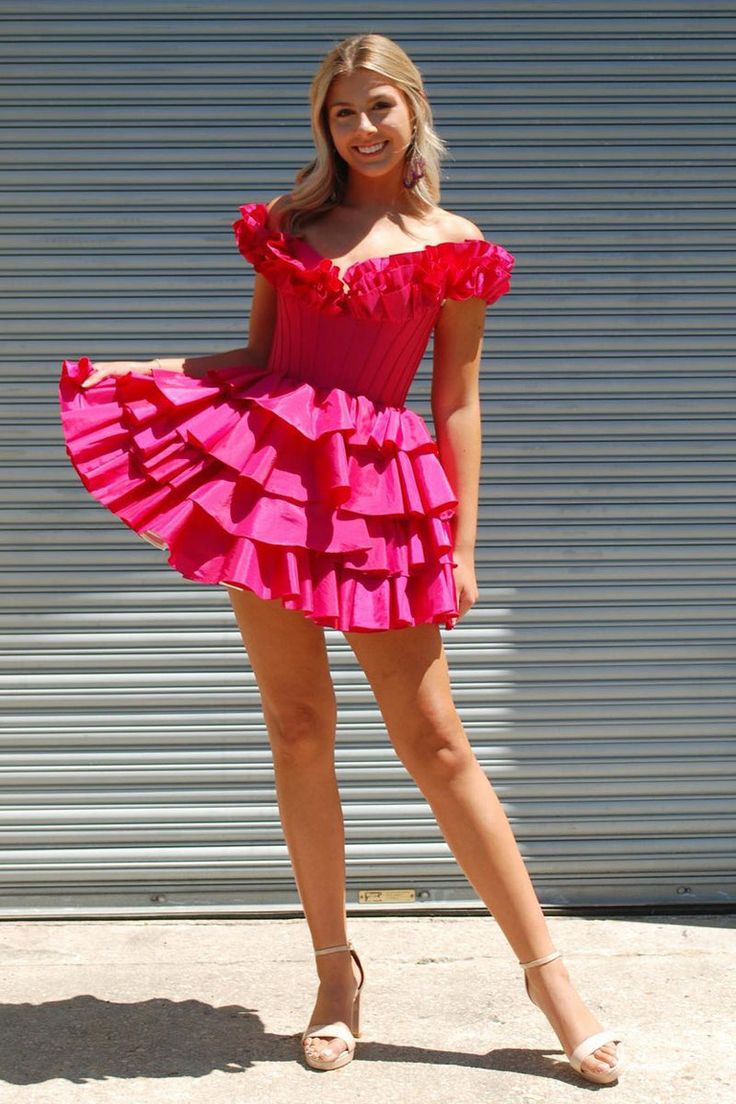 Fuchsia Off The Shoulder Ruffle Homecoming Dresses Mini Party Gown, LTP2949