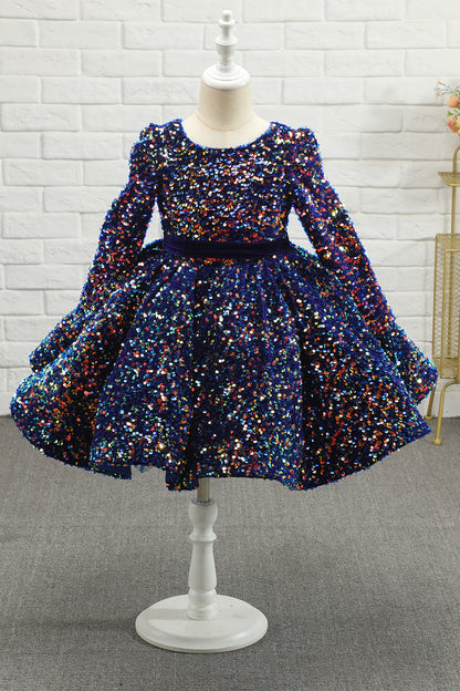 Navy Glitter Sequin Flower Girl Dress with Sleeves