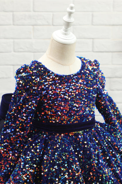 Navy Glitter Sequin Flower Girl Dress with Sleeves