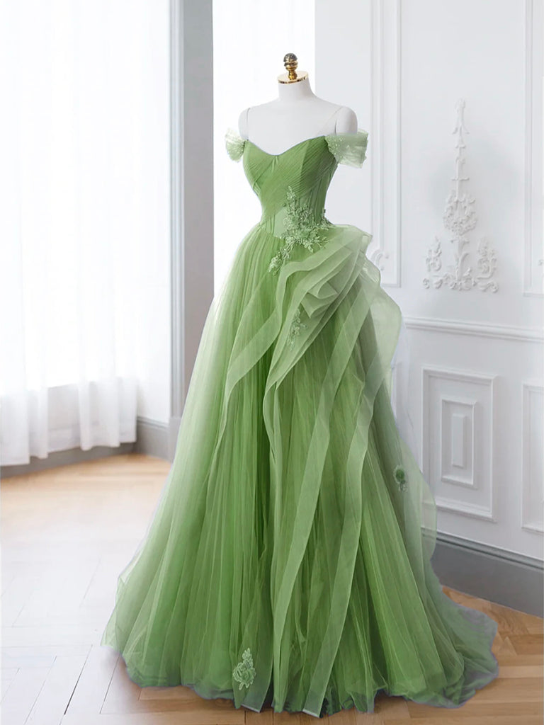 Saflor | Green A-Line Off Shoulder Long Prom Dress Lace Long Evening Dress