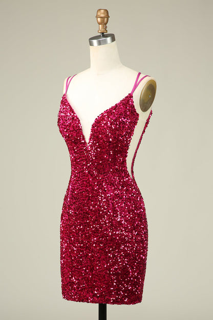 Stylish Fuchsia Spaghetti Straps Tight Homecoming Dress