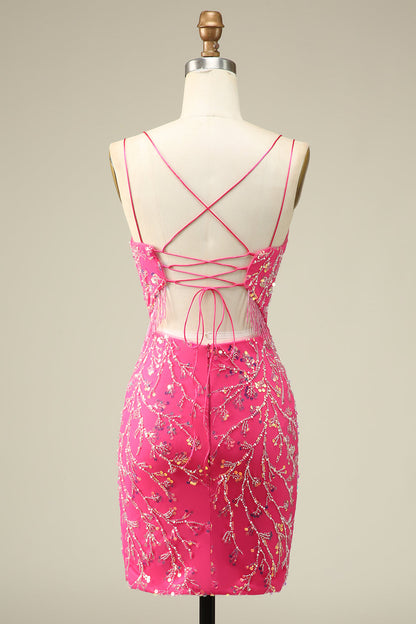 Elegant Fuchsia Corset Back Bodycon Homecoming Dress With Tassel