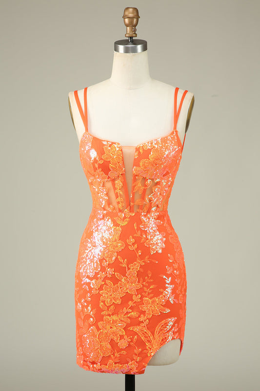 Gorgeous Orange Lace Up Tight Glittler Short Homecoming Dress with Slit