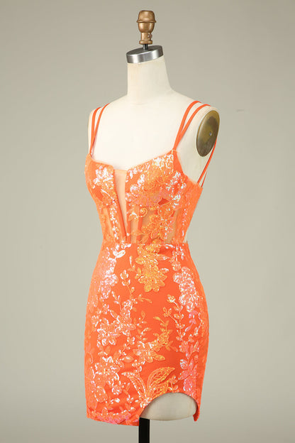 Gorgeous Orange Lace Up Tight Glittler Short Homecoming Dress with Slit