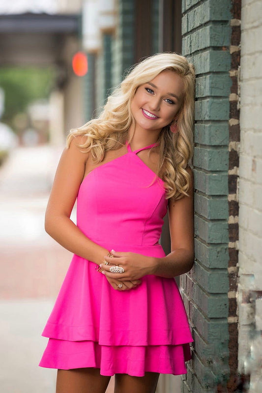 LTP1277,Halter Satin Homecoming Dresses,Hot Pink Mini Party Dress