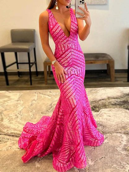 Nina |Deep V Neck Pink Sequins Mermaid Long Prom Dress