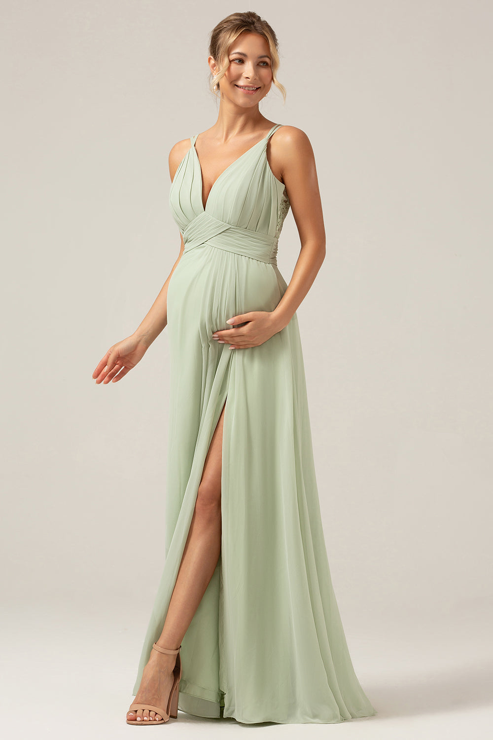 A-Line Pleated Chiffon Long Dusty Sage Bridesmaid Dress