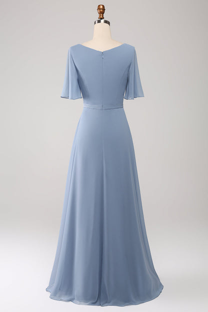 A-Line Chiffon Dusty Blue Long Bridesmaid Dress with Beaded Waist